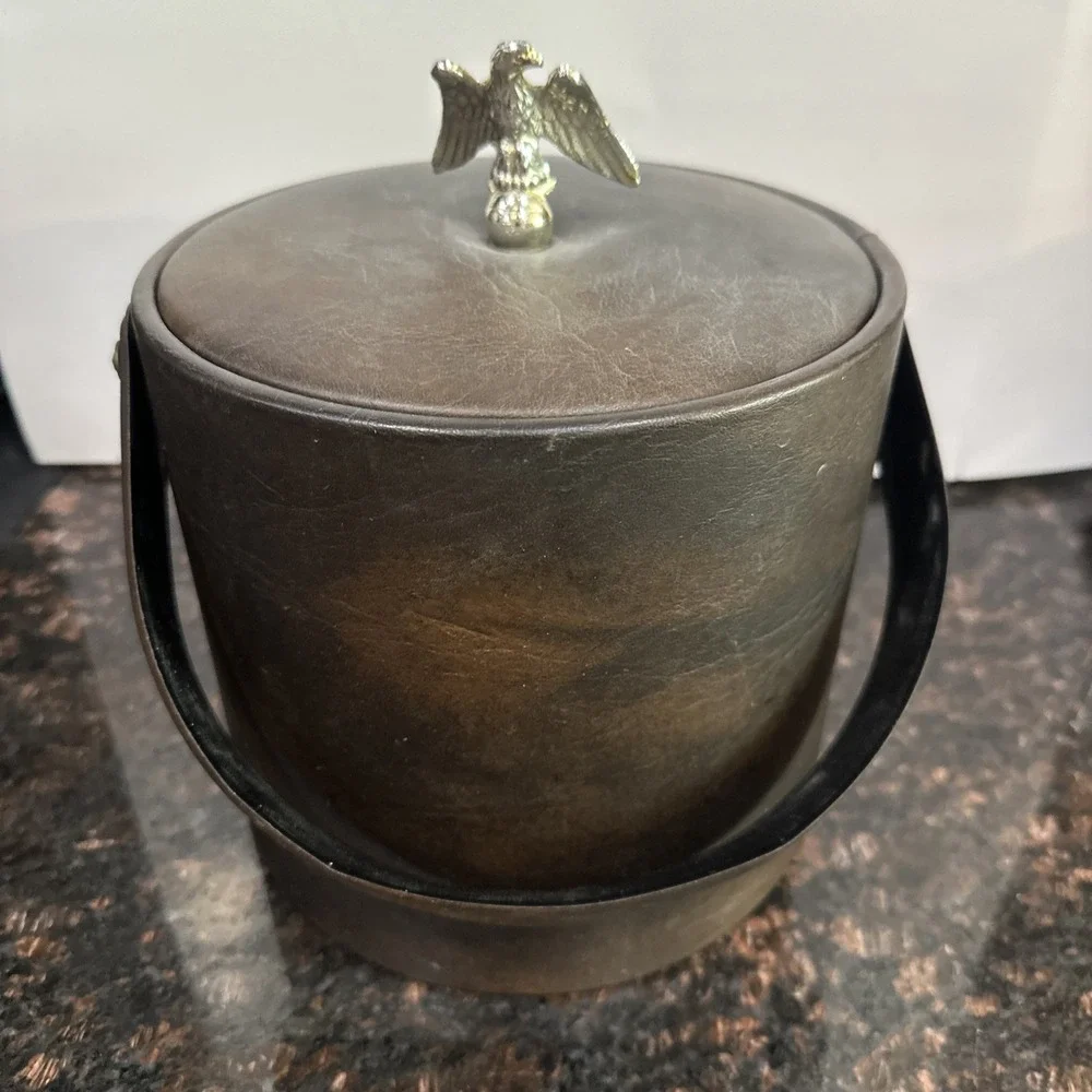 Georges Briard Ice Bucket Faux Leather Vintage Eagle Knob